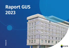Powiększ obraz: Okładka raportu GUS 2023. Na granatowym tle, w lewej części okładki znajduje się biały napis "Raport GUS 2023". W prawej części grafiki widoczny jest budynek Głównego Urzędu Statystycznego. W prawym dolnym rogu umieszczono logo GUS, składające się z napisu "GUS" oraz symbolu w postaci dwóch przenikających się kół: zielonego i granatowego. 