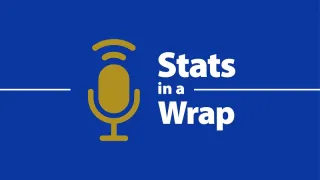 Powiększ obraz: Logo przedstawia złoty mikrofon z falami dźwiękowymi na niebieskim tle. Po prawej stronie znajduje się biały napis: "Stats in a Wrap". Po obu stronach logo przebiegają poziome, cienkie, białe linie.  