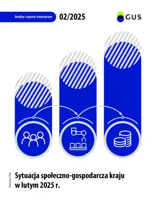 Powiększ obraz: Okładka publikacji Głównego Urzędu Statystycznego (GUS) zatytułowana: „Sytuacja społeczno-gospodarcza kraju w  lutym 2025 r.”. 